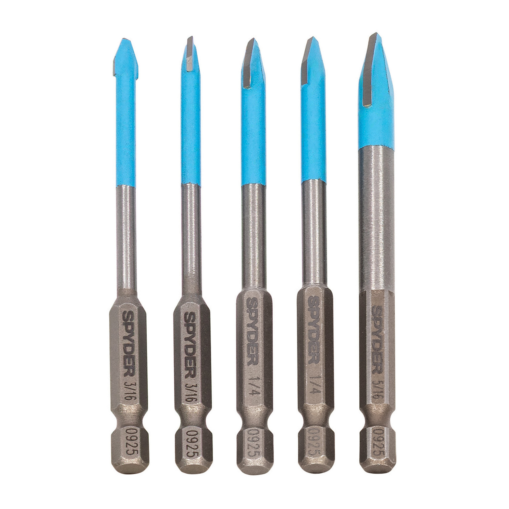 Spyder Quick-Release Hex Shank Carbide-Tipped Glass and Tile Drill Bit Set — 5-Piece, Precision-Ground Carbide Cutting Edge, Model# 950078